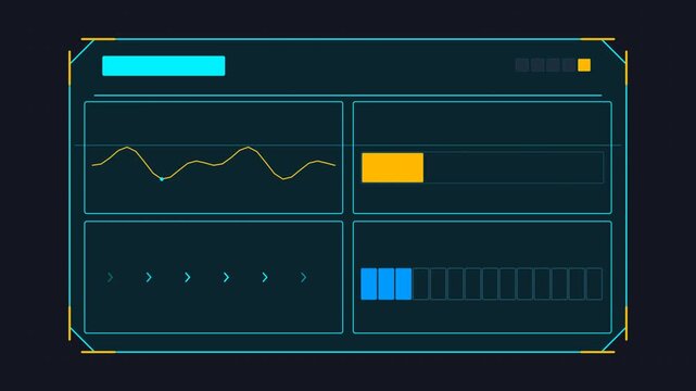 Futuristic hud ui dashboard with animated graphs, progress bars, and data analytics interface