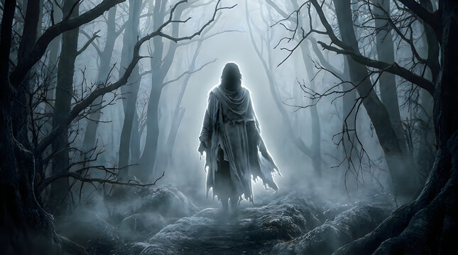 Ethereal apparition in a misty dark forest during twilight with an aura of mystery