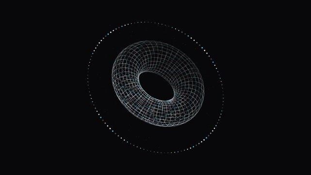 Futuristic wireframe torus rotating with glowing dotted orbit ring in cyber space animation grid shape