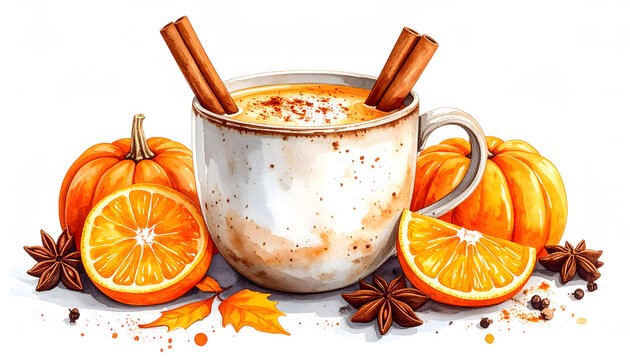 Watercolor pumpkin spice latte in a rustic ceramic mug, cozy autumn Halloween seasonal drink.