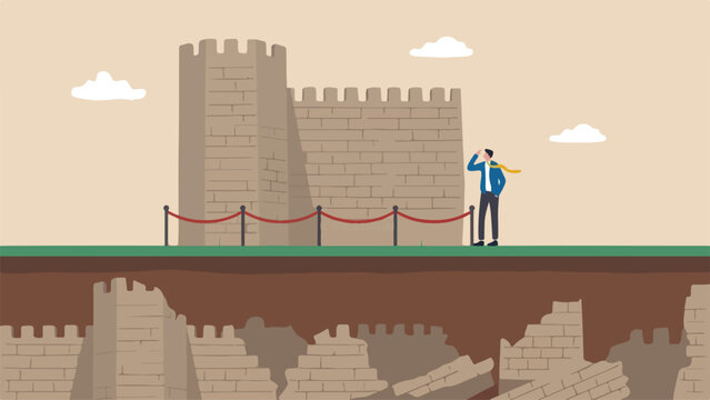 Survivorship bias historical preservation concept museum visitor marveling at intact stone fortress wall unaware of ten collapsed ruins buried beneath the turf clean minimal flat vector illustration