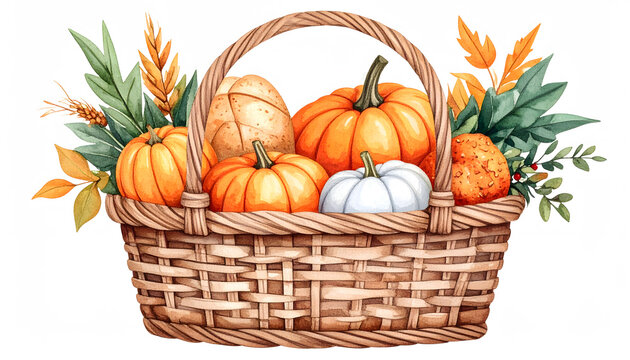 Watercolor Halloween basket with pumpkins and tropical fruits, festive autumn harvest decor.