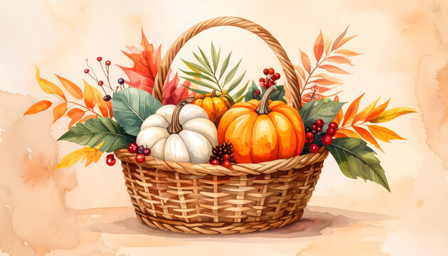 Watercolor Halloween basket with miniature pumpkins and tropical leaves for festive autumn decor.