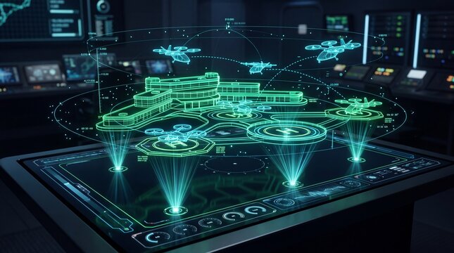 Futuristic eVTOL air taxi vertiport hologram projected on dark surface