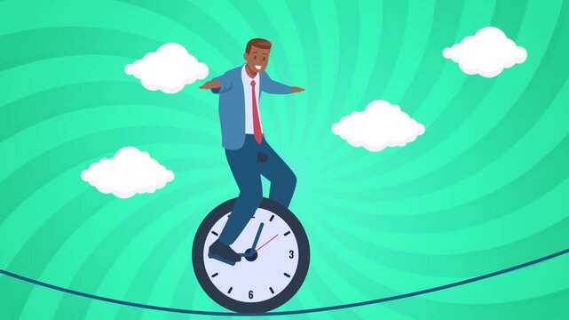 Businessman balancing on a clock wheel walking tightrope representing time management and corporate stress video animation