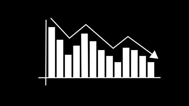 Bar chart animation displays falling columns showing business decline on dark. Financial loss analytics track on bar chart. Performance consoles monitor bar chart.