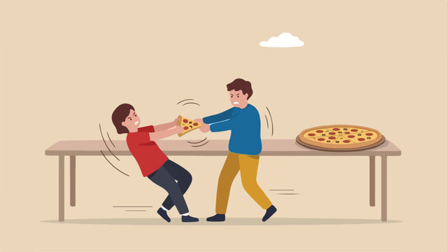 Zero sum thinking fixed pie bias concept two children angrily wrestling over single circular pizza slice while whole uncut fresh pie sits unnoticed on table clean minimal flat vector illustration