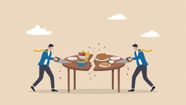 Zero sum thinking negotiation friction concept two traders frantically sawing circular wooden table into halves rather than sharing feast upon it clean minimal flat vector illustration