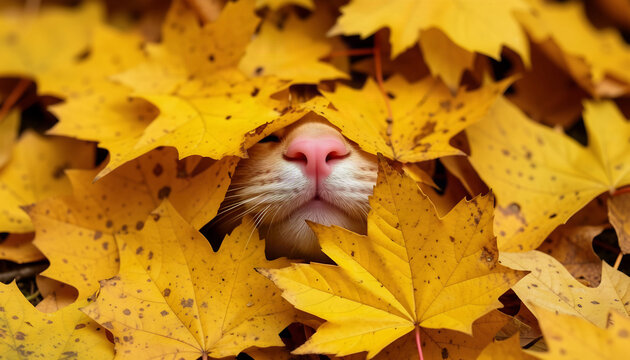 Cute ginger cat hiding under a thick blanket of bright yellow autumn maple leaves, showing only its pink nose and white whiskers.