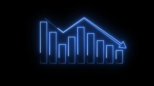 Financial decline chart animation displays falling business market trends on dark. Revenue downturn analytics track on chart. Consoles monitor financial decline chart.