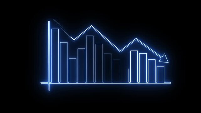 Bar chart animation displays downward declining financial market columns. Revenue loss analytics track across bar chart. Consoles monitor active bar chart online.