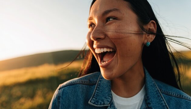 Cheerful young woman with freckles and long dark hair laughing outdoors at sunset