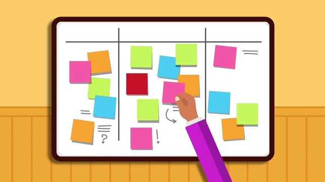 Animated scrum whiteboard with colorful sticky notes management in office workflow video footage clip