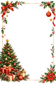 christmas frame with holly berries and fir branches