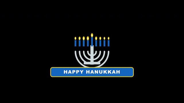 Flat vector style Hanukkah menorah nine blue candles with animated flickering golden flames against a transparent background