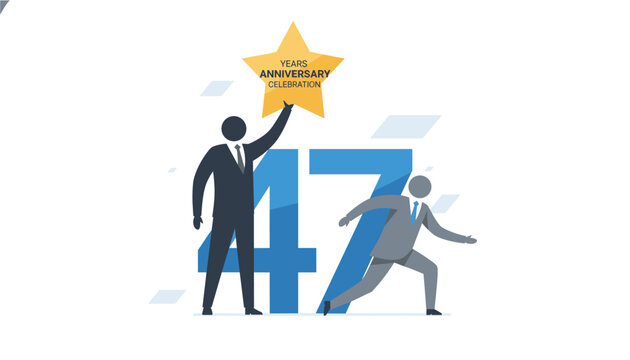 Successful business team celebrating 47 years anniversary holding a golden star award in a flat illustration.