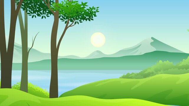 Animated landscape video showing majestic mountains and peaceful river under bright morning sun during sunrise motion