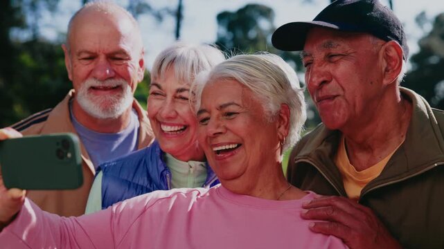 Fitness, selfie and old people at park, laugh and profile picture after workout or together on break. Outdoor, photography and happy senior friends on weekend, exercise and memory on web in nature