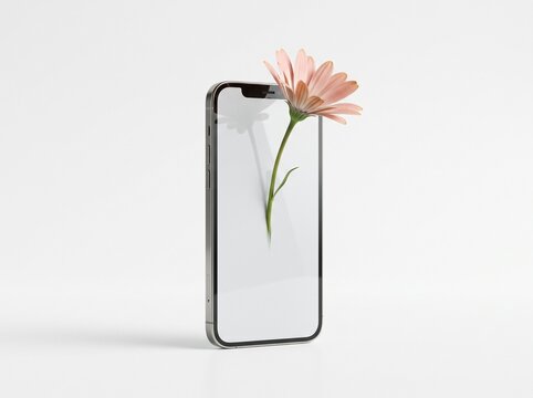 A photorealistic modern smartphone with a fresh green flower growing naturally from its screen, representing the connection between technology, nature, innovation, and personal growth.