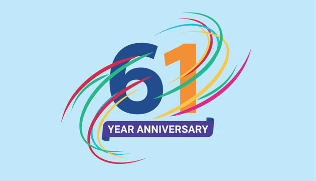 Celebrating 61 years of success with a vibrant anniversary logo featuring colorful dynamic lines on a soft blue backdrop for event promotion.