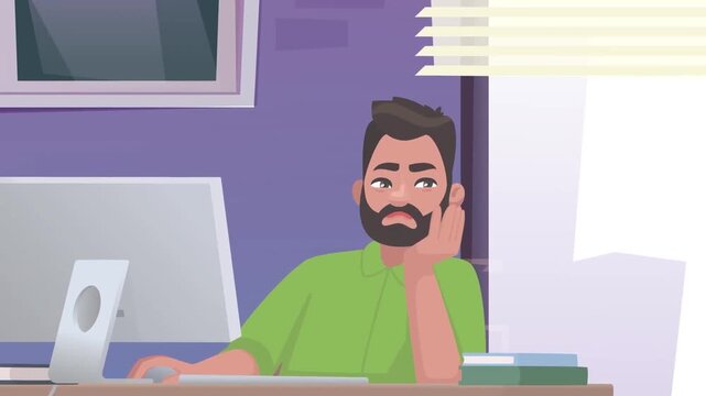 Frustrated man sitting at office desk working on computer in animated stock video clip