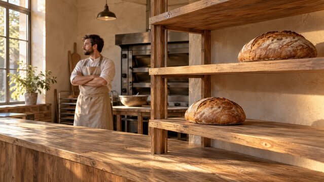 baker arranges fresh bread inside a warm shop