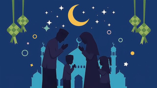 Muslim Family Silhouette Celebrating Eid Mubarak with Mosque, Crescent Moon, and Ketupat Vector Illustration