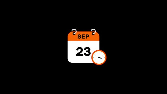 Calendar 23 September 2026 animation. clock and black background.4k animation