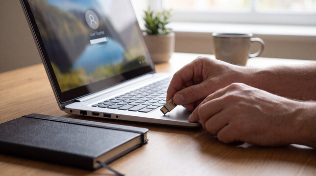 Hands holding security key beside laptop login screen