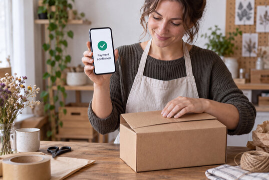 Entrepreneur showing payment confirmation while packing parcel