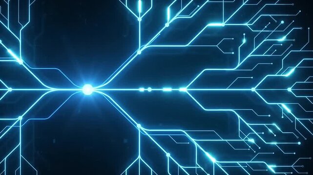 blue glowing digital circuit tree network growing glowing nodes abstract data lines