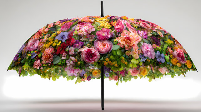 Umbrella covered in vibrant mixed spring flowers stands upright against a plain transparent studio background.