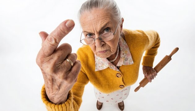 Angry elderly woman holding a rolling pin and pointing her finger aggressively in a humorous wide-angle shot