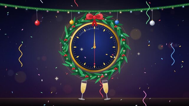 Midnight clock inside a Christmas wreath with red bow, clinking champagne glasses, falling confetti and streamers, seamless looping New Year celebration animation