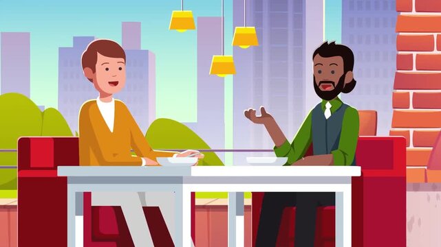 Two diverse male friends having a friendly conversation and eating lunch together in an urban rooftop restaurant video footage