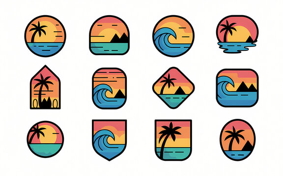 Tropical Sunset Icons Set: A collection of stylized icons depicting tropical beach scenes with palm trees, surfboards, ocean waves, and vibrant sunsets, perfect for summer or travel branding.