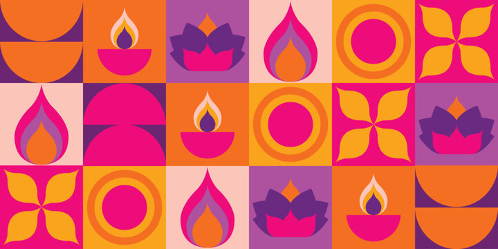 Diwali Seamless Pattern Grid with Geometric Diya Lamps, Lotus Flowers, and Oil Flame Tiles