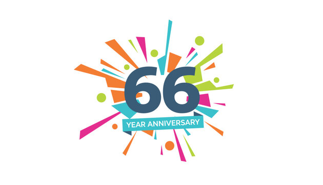 Energetic 66 years anniversary celebration logo featuring the number sixty-six amidst a blast of colorful geometric shapes.