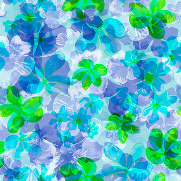 Seamless floral pattern of abstract, blurred, translucent blue watercolor flowers