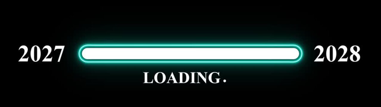 2027 to 2028 new year transition with futuristic glowing loading bar, 2027 to 2028 new year loading concept video  animation  on black background,  New year announcement concept video of 2027 to 2028 