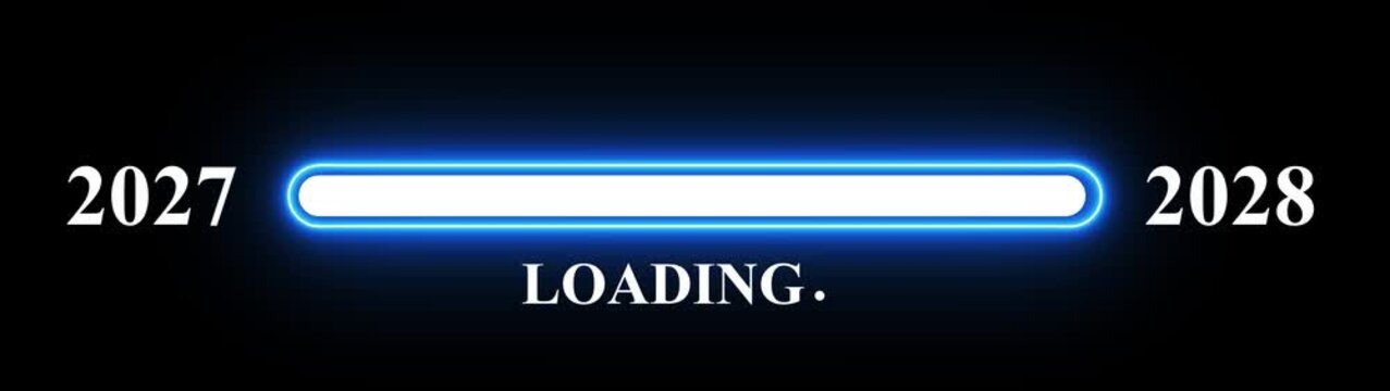 2027 to 2028 new year transition with futuristic glowing loading bar, 2027 to 2028 new year loading concept video  animation  on black background,  New year announcement concept video of 2027 to 2028 