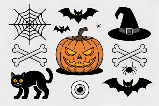 Halloween Symbols Collection: A curated assortment of classic Halloween imagery, including a carved jack-o'-lantern, bats, a black cat, a witch's hat, a spiderweb, and crossed bones.