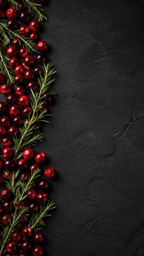Thanksgiving Day card background featuring fresh cranberries and rosemary sprigs arranged on a textured black surface, ideal for seasonal greetings and festive designs