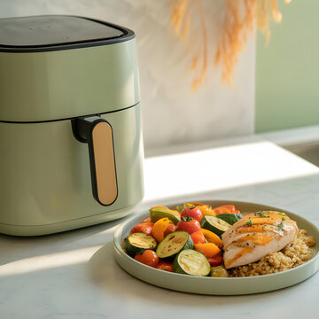 Healthy Meal with Air Fryer: A modern, sage green air fryer sits next to a beautifully plated meal featuring grilled chicken breast, couscous, and a colorful medley of roasted vegetables.