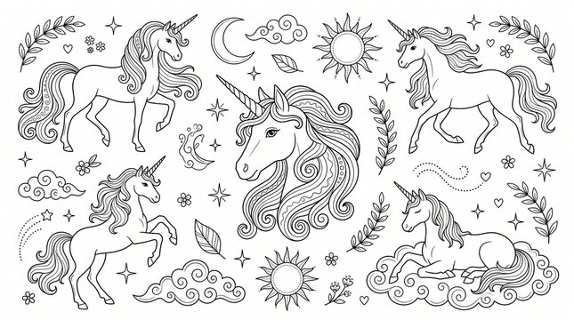 Cute unicorn coloring page outline vector illustration. Hand drawn magical fantasy horse for children coloring book and seamless pattern.