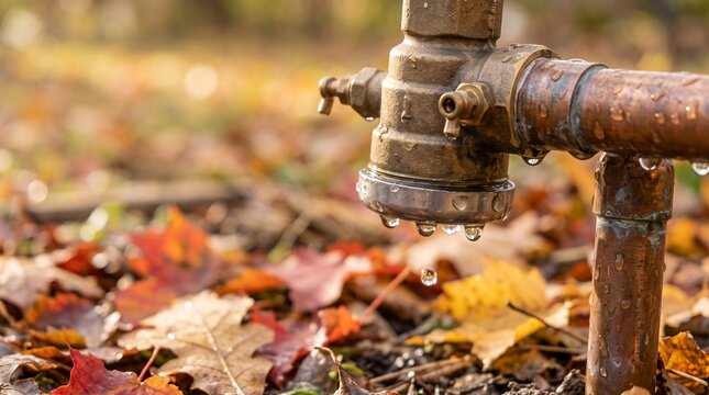 Brass backflow preventer valve dripping water in autumn forest floor setting with copy space