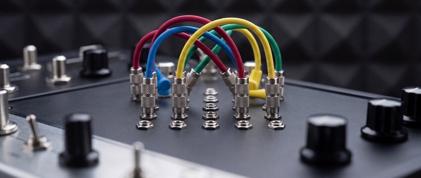 High-angle shot of colorful patch cables connected to a modular synthesizer panel in a dark music studio, symbolizing network connectivity, complex data processing, and creative technology.