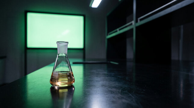 Erlenmeyer flask with amber liquid on a dark reflective surface in laboratory setting