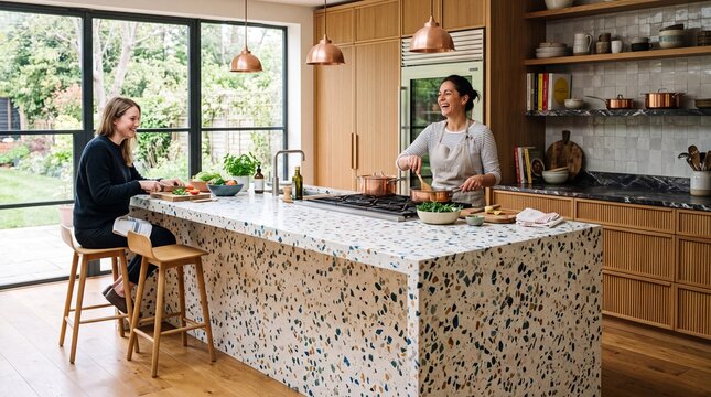Modern kitchen with colorful cascading terrazzo island, two women cooking and laughing naturally, light wood cabinets, and large windows
