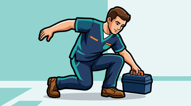 Paramedic kneeling with medical toolbox ready for emergency response.